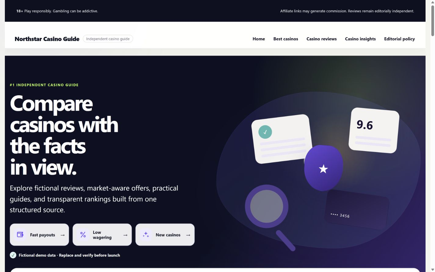 CasinoFrame demo homepage with casino guide navigation and violet and lime accents