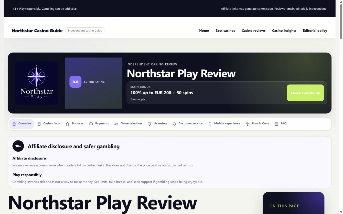 Casino review layout with an editor rating, offer, review navigation and disclosure